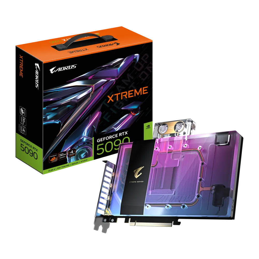 A large main feature product image of Gigabyte GeForce RTX 5090 Aorus Xtreme Waterforce WB 32GB GDDR7