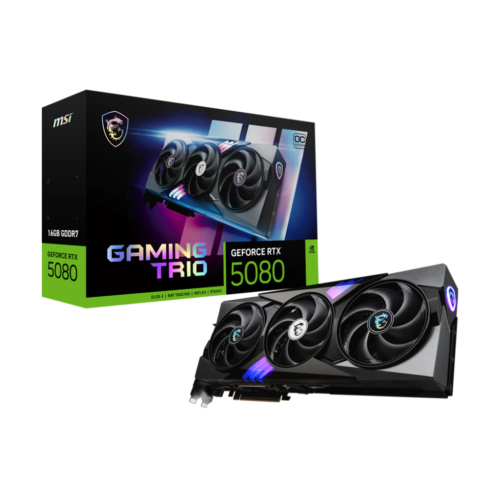 A large main feature product image of MSI GeForce RTX 5080 16GB GDDR7 GAMING TRIO OC