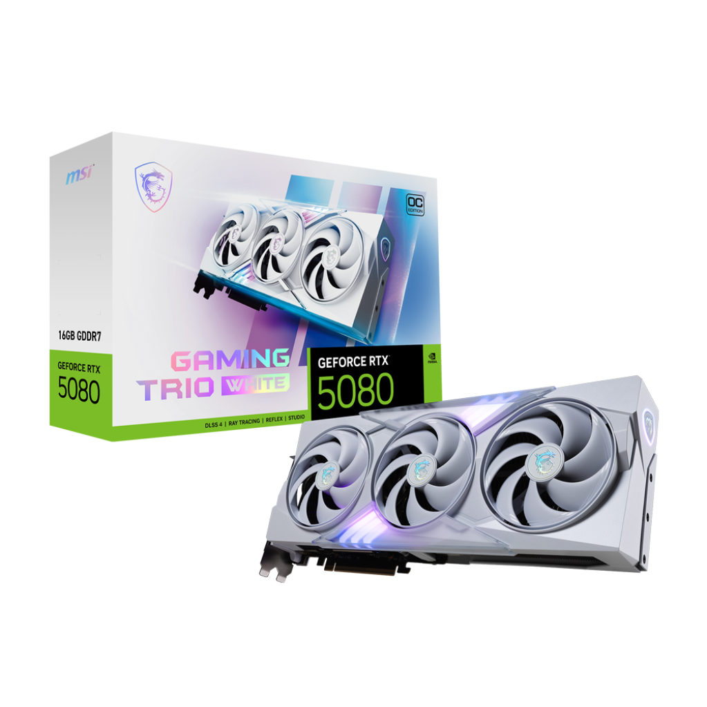 A large main feature product image of MSI GeForce RTX 5080 Gaming Trio OC 16GB GDDR7 - White
