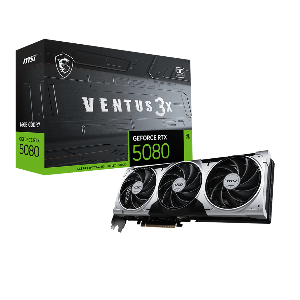 A large main feature product image of MSI GeForce RTX 5080 Ventus 3X OC Plus 16GB GDDR7
