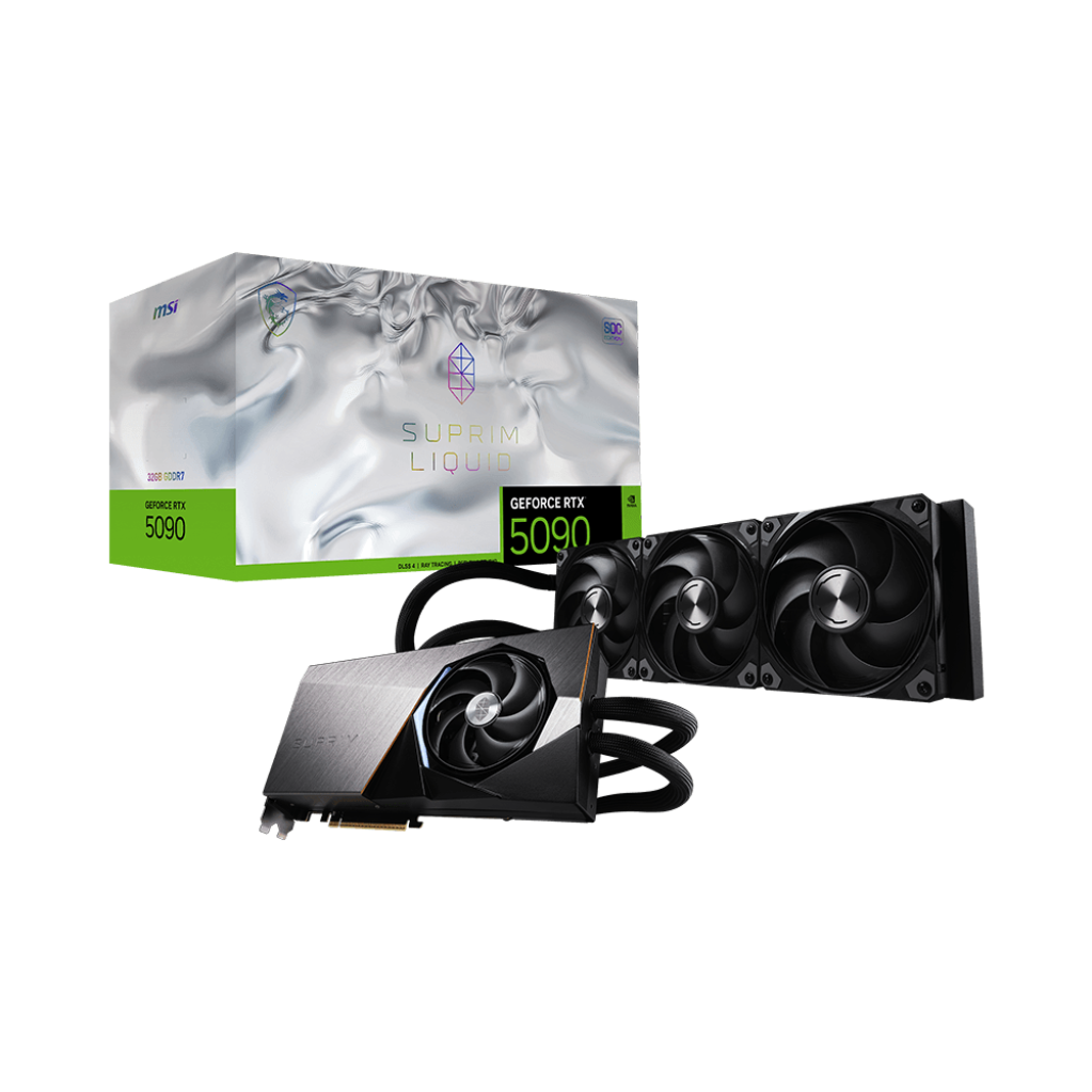 A large main feature product image of MSI GeForce RTX 5090 Suprim Liquid SOC 32GB GDDR7