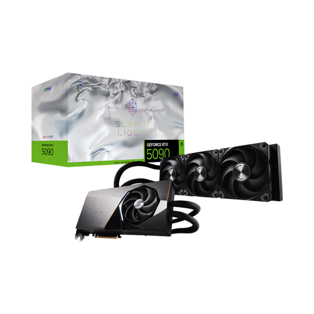 A large main feature product image of MSI GeForce RTX 5090 Suprim Liquid SOC 32GB GDDR7