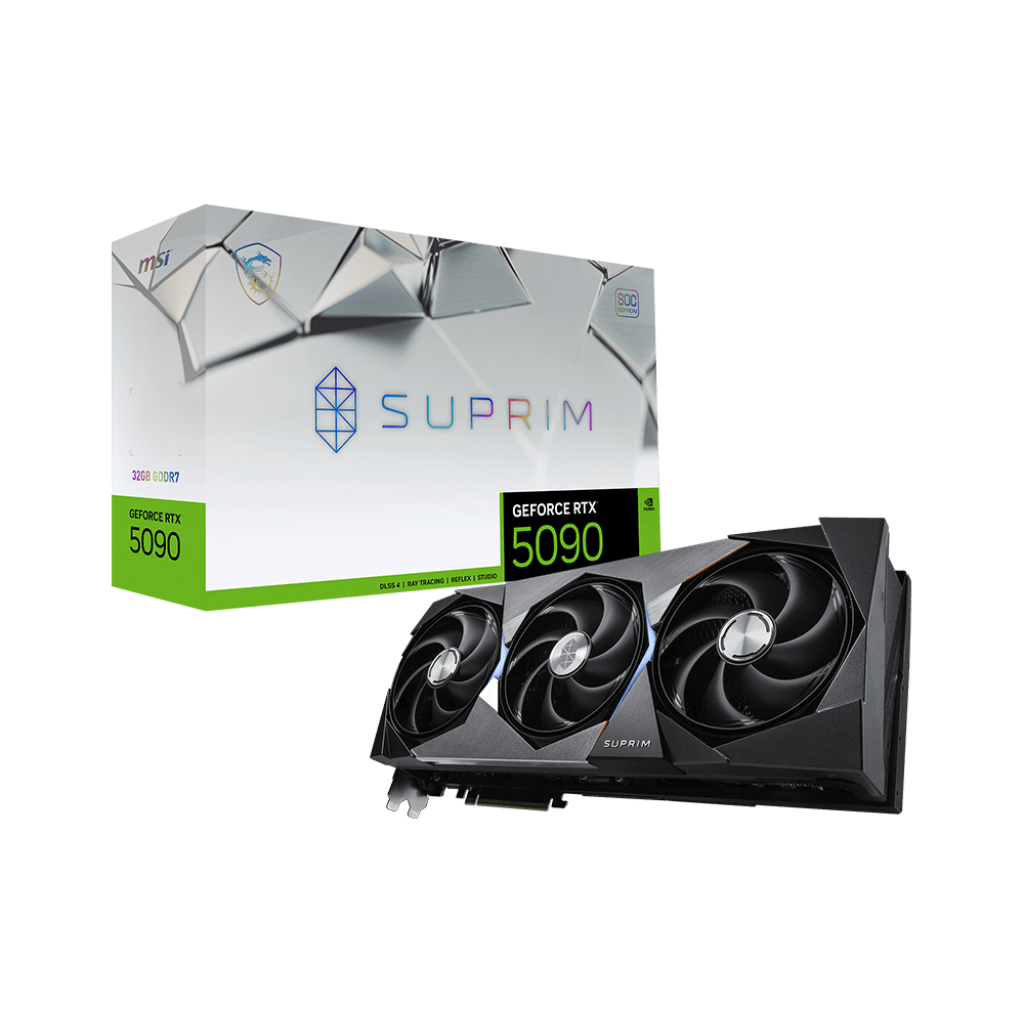A large main feature product image of MSI GeForce RTX 5090 Suprim SOC 32GB GDDR7