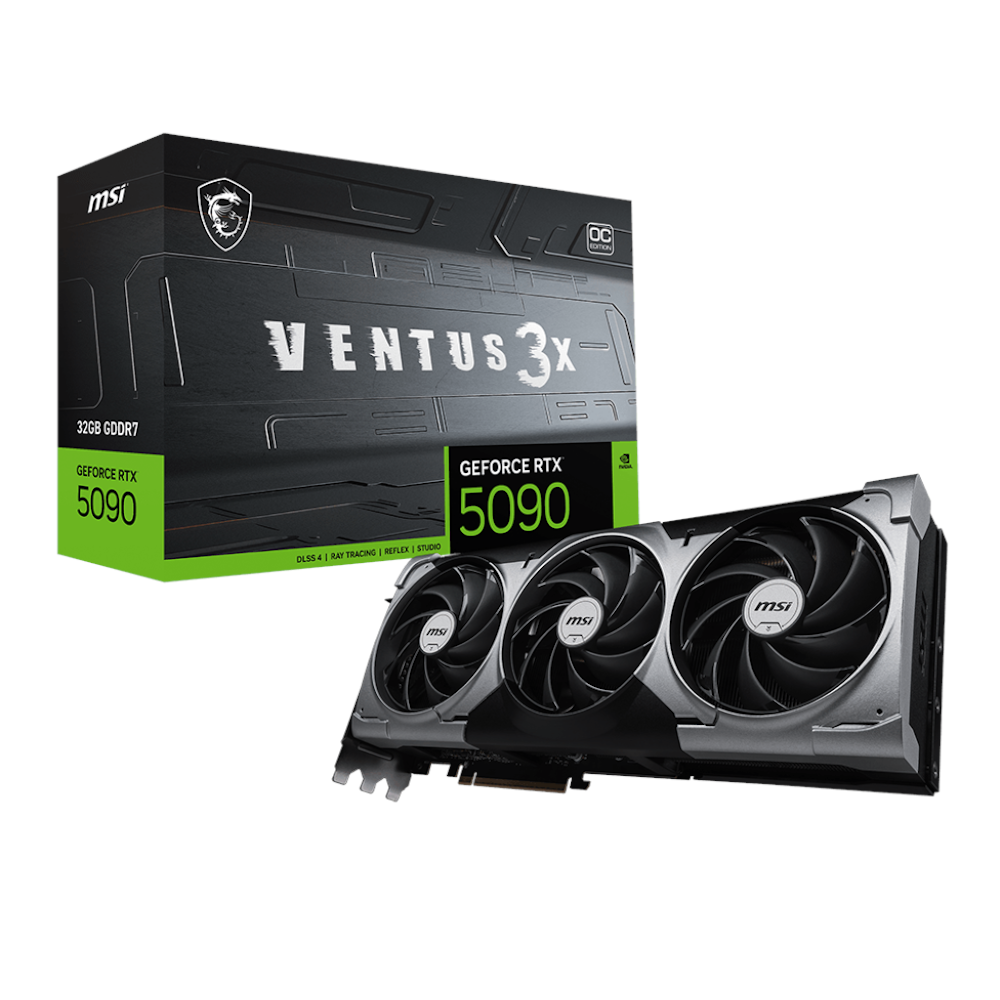A large main feature product image of MSI GeForce RTX 5090 Ventus 3X OC 32GB GDDR7