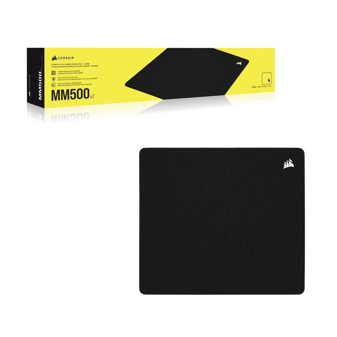 A large main feature product image of Corsair MM500 v2 Hybrid Cloth Gaming Mousepad