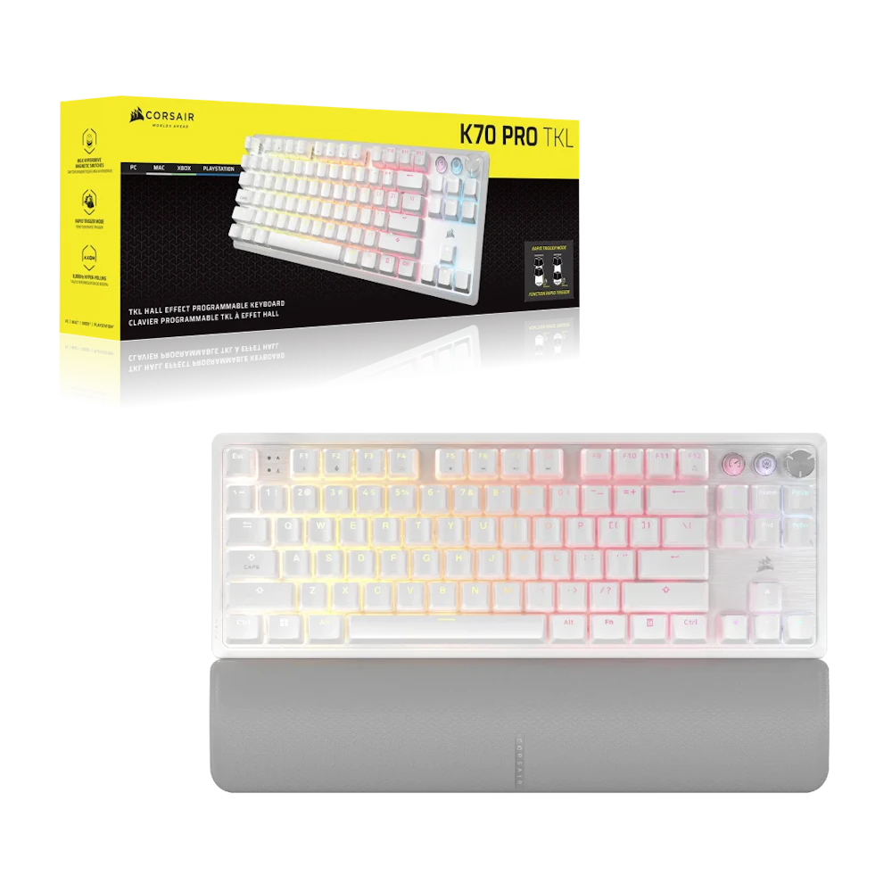 A large main feature product image of Corsair K70 PRO TKL High-Performance Hall Effect Gaming Keyboard - White (MGX V2 Switch)