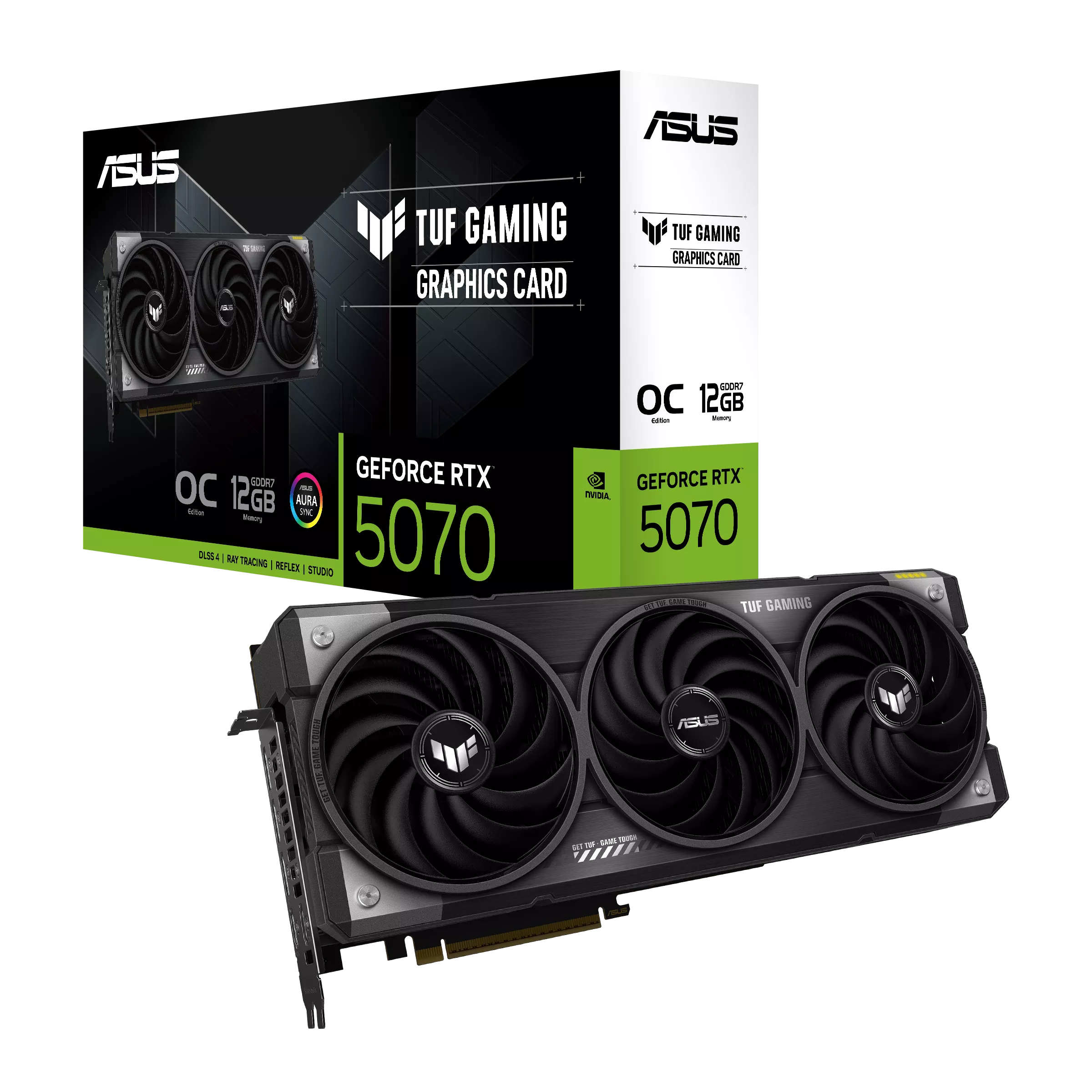 A large main feature product image of ASUS GeForce RTX 5070 TUF Gaming OC 12GB GDDR7