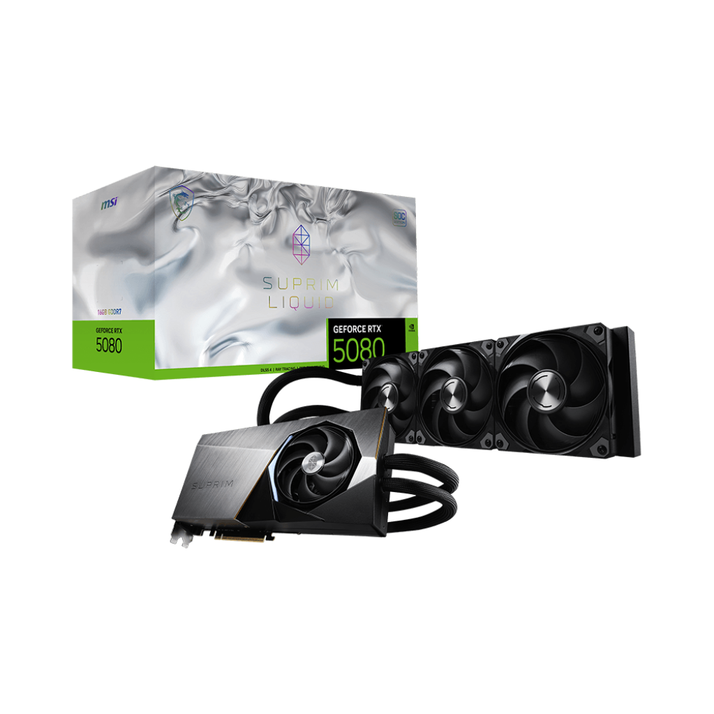 A large main feature product image of MSI GeForce RTX 5080 Suprim Liquid SOC 16GB GDDR7