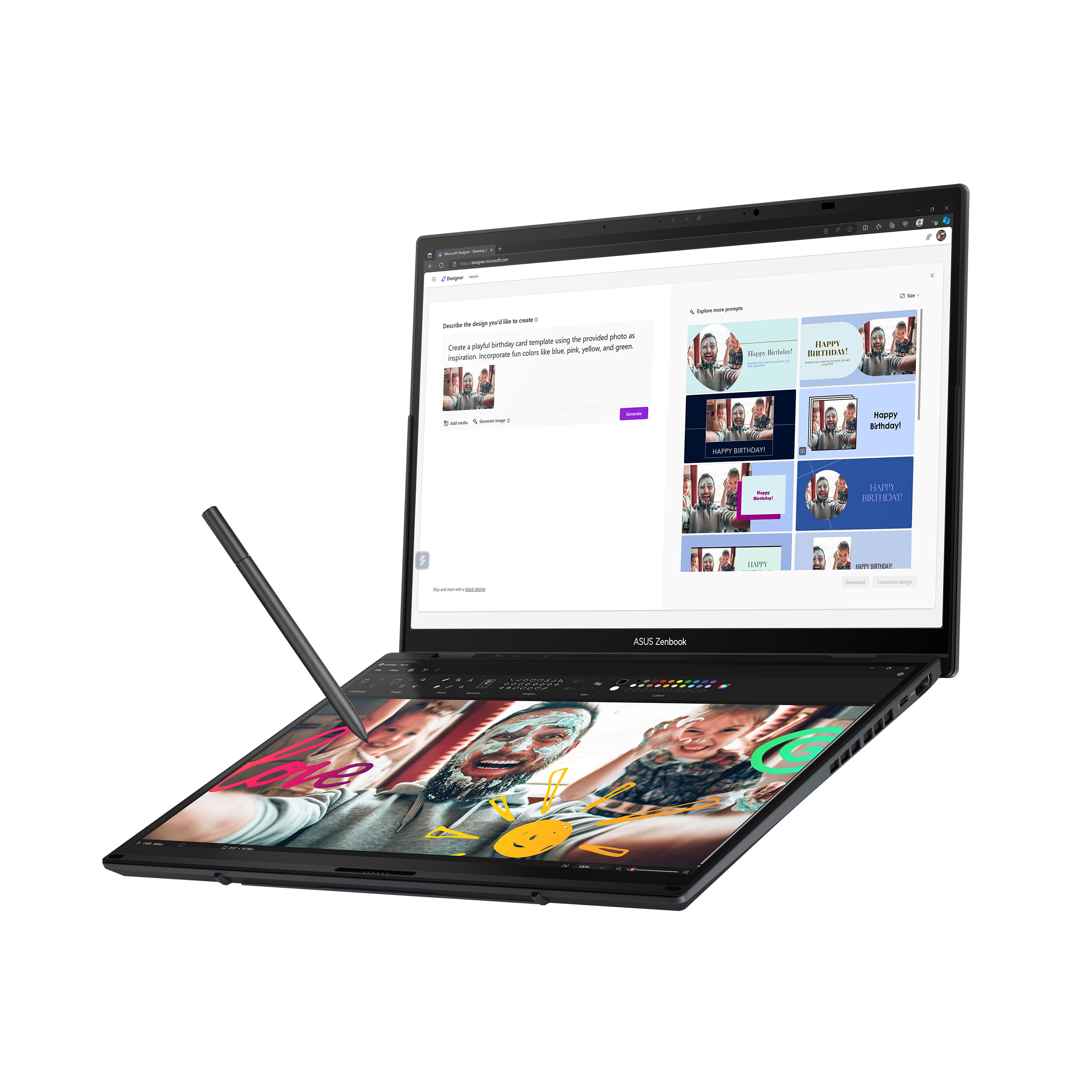 A large main feature product image of ASUS Zenbook Duo OLED (UX8406) - 14" Ultra 9 285H, 32GB/1TB - Win 11 AI Notebook