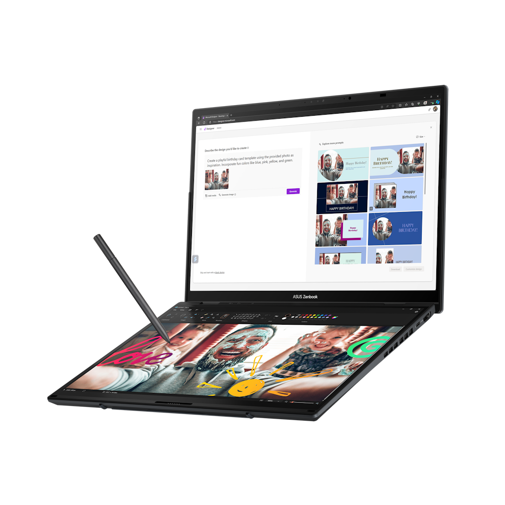 A large main feature product image of ASUS Zenbook Duo OLED (UX8406) - 14" Ultra 9 285H, 32GB/1TB - Win 11 AI Notebook