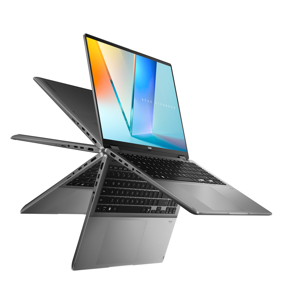 A large main feature product image of ASUS Vivobook 16 Flip OLED (TP3607) - 16" Core Ultra 7 258V, 32GB/1TB - Win 11 Pro Copilot+ AI Notebook