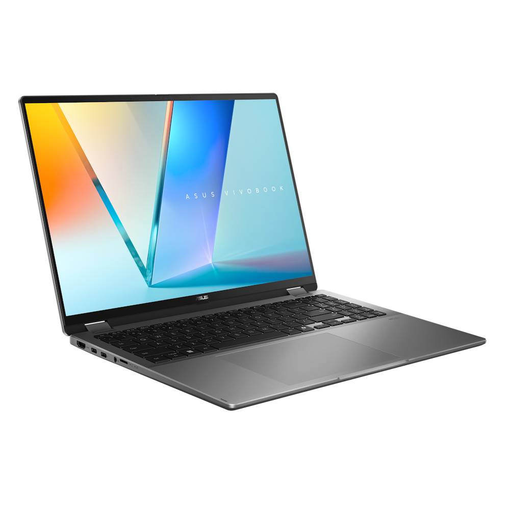 A large main feature product image of ASUS Vivobook 16 Flip OLED (TP3607) - 16" Core Ultra 7 258V, 32GB/1TB - Win 11 Pro Copilot+ AI Notebook
