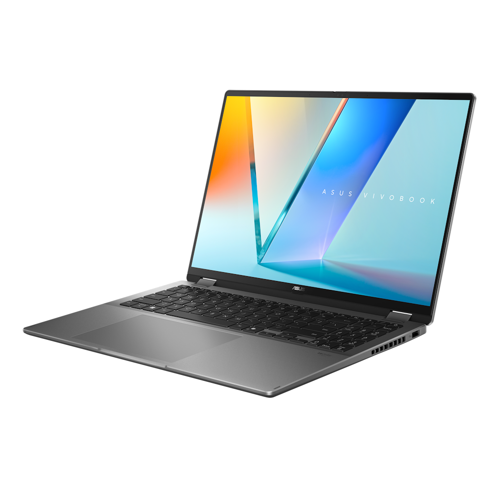 A large main feature product image of ASUS Vivobook 16 Flip OLED (TP3607) - 16" Core Ultra 7 258V, 32GB/1TB - Win 11 Pro Copilot+ AI Notebook