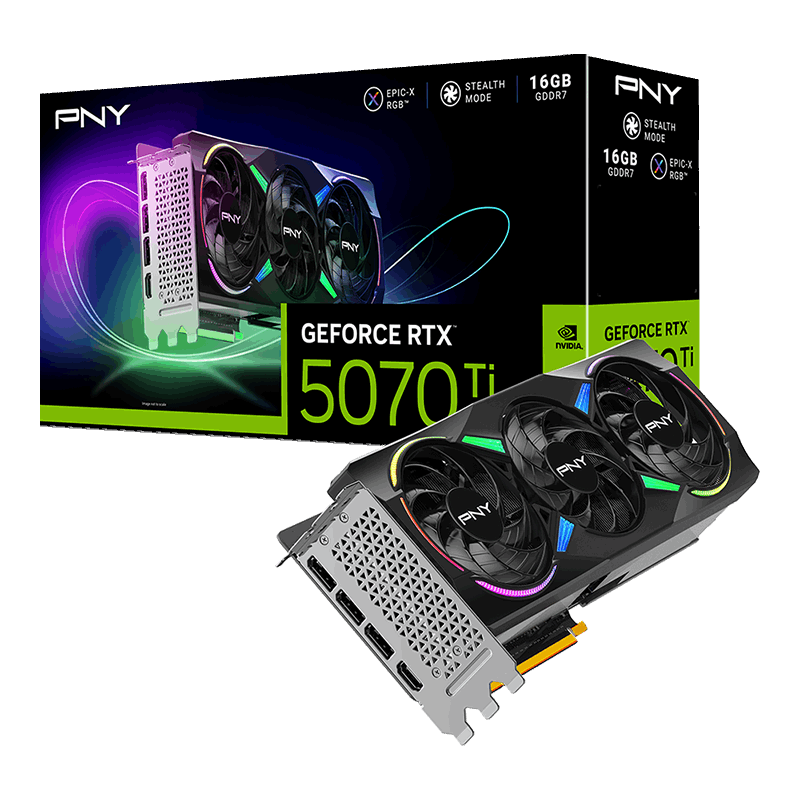 A large main feature product image of PNY GeForce RTX 5070 Ti ARGB OC 16GB