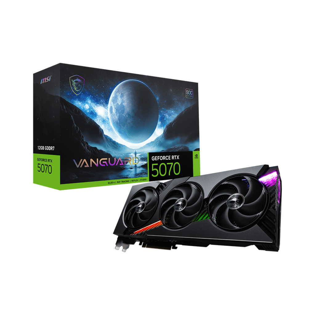 A large main feature product image of MSI GeForce RTX 5070 Vanguard SOC 12GB GDDR7