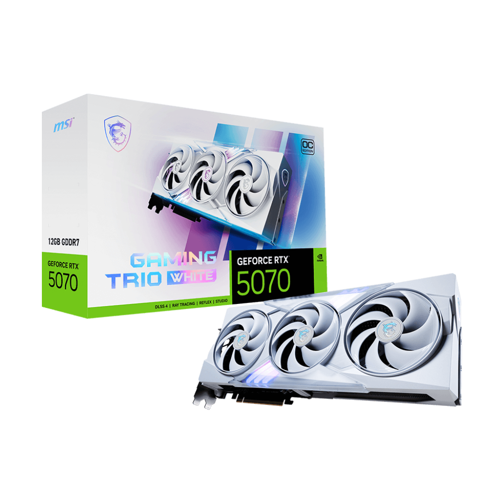 A large main feature product image of MSI GeForce RTX 5070 Gaming Trio OC 12GB GDDR7 - White