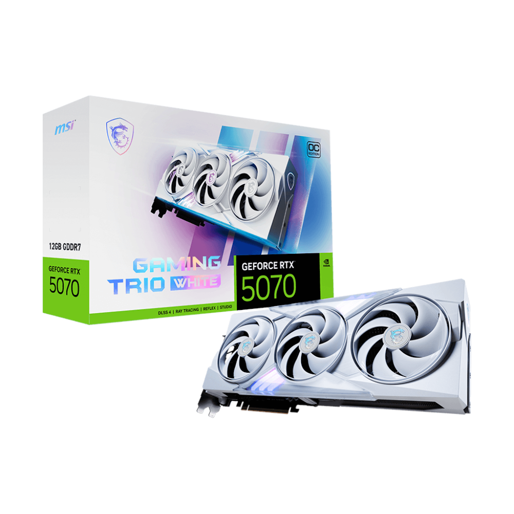 A large main feature product image of MSI GeForce RTX 5070 Gaming Trio OC 12GB GDDR7 - White