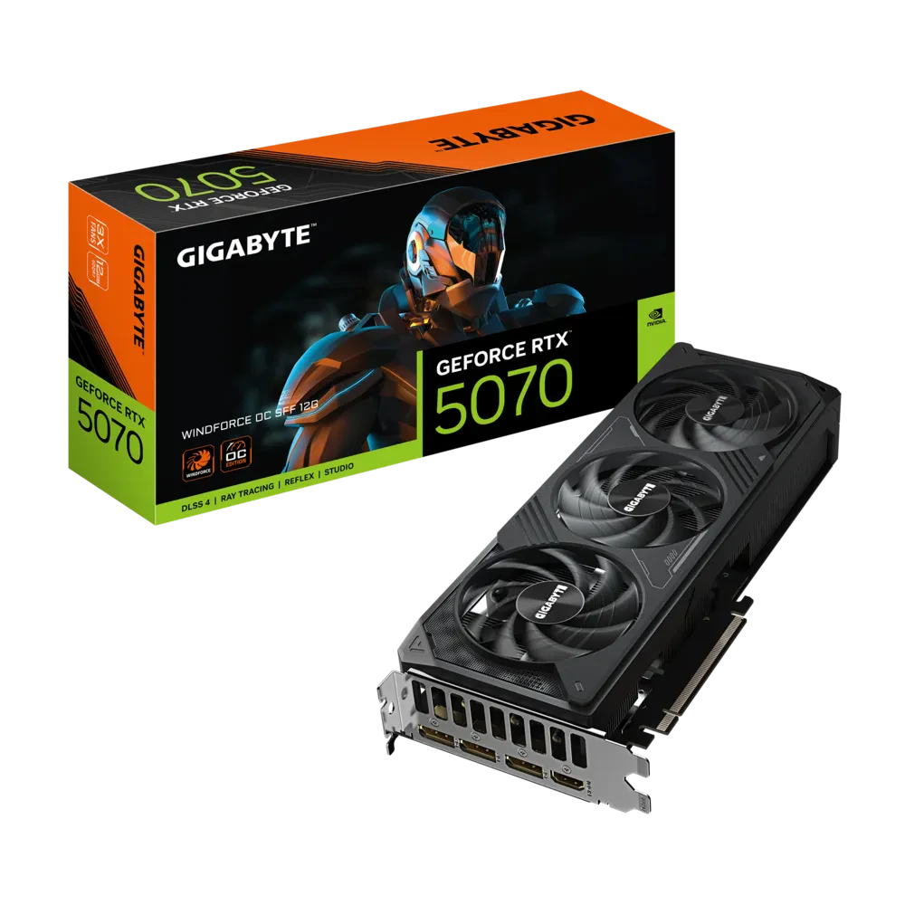 A large main feature product image of Gigabyte GeForce RTX 5070 Windforce OC SFF 12GB GDDR7