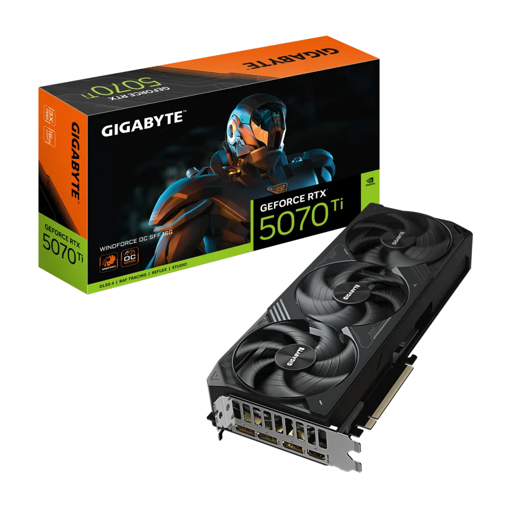 A large main feature product image of Gigabyte GeForce RTX 5070 Ti Windforce OC SFF 16GB GDDR7