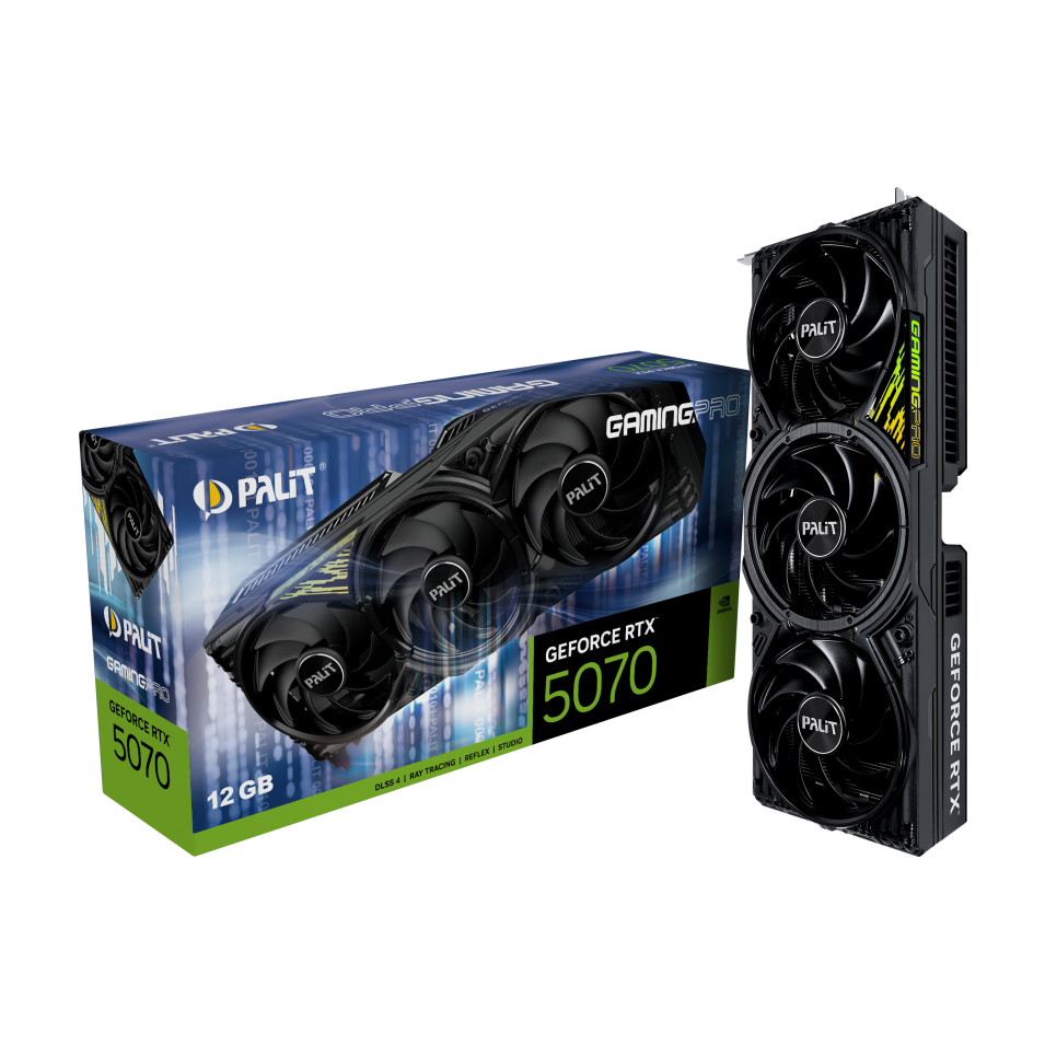 A large main feature product image of Palit GeForce RTX 5070 GamingPro 12GB GDDR7