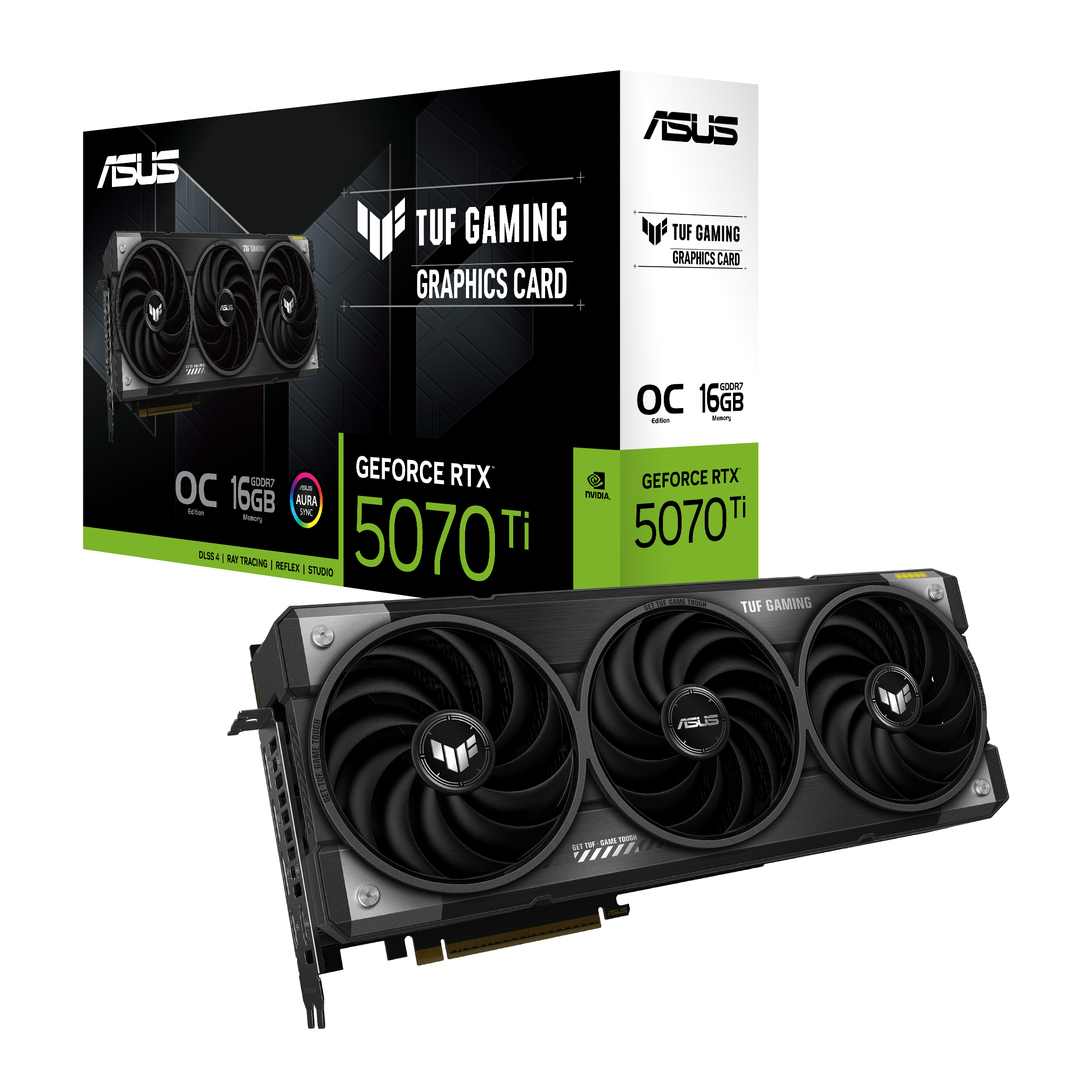 A large main feature product image of ASUS GeForce RTX 5070 Ti TUF Gaming OC 16GB GDDR7