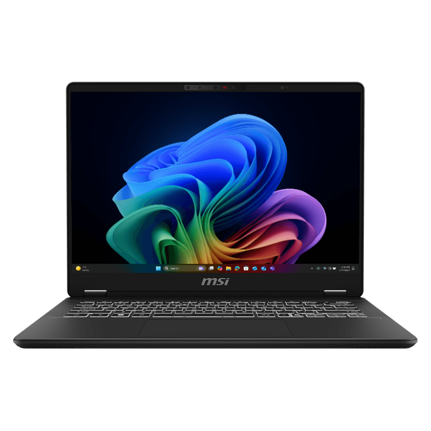 A large main feature product image of MSI Prestige 14 AI+ EVO (C2V) - 14" 120Hz OLED, Ultra 7 258V, 32GB/2TB - Win 11 Notebook