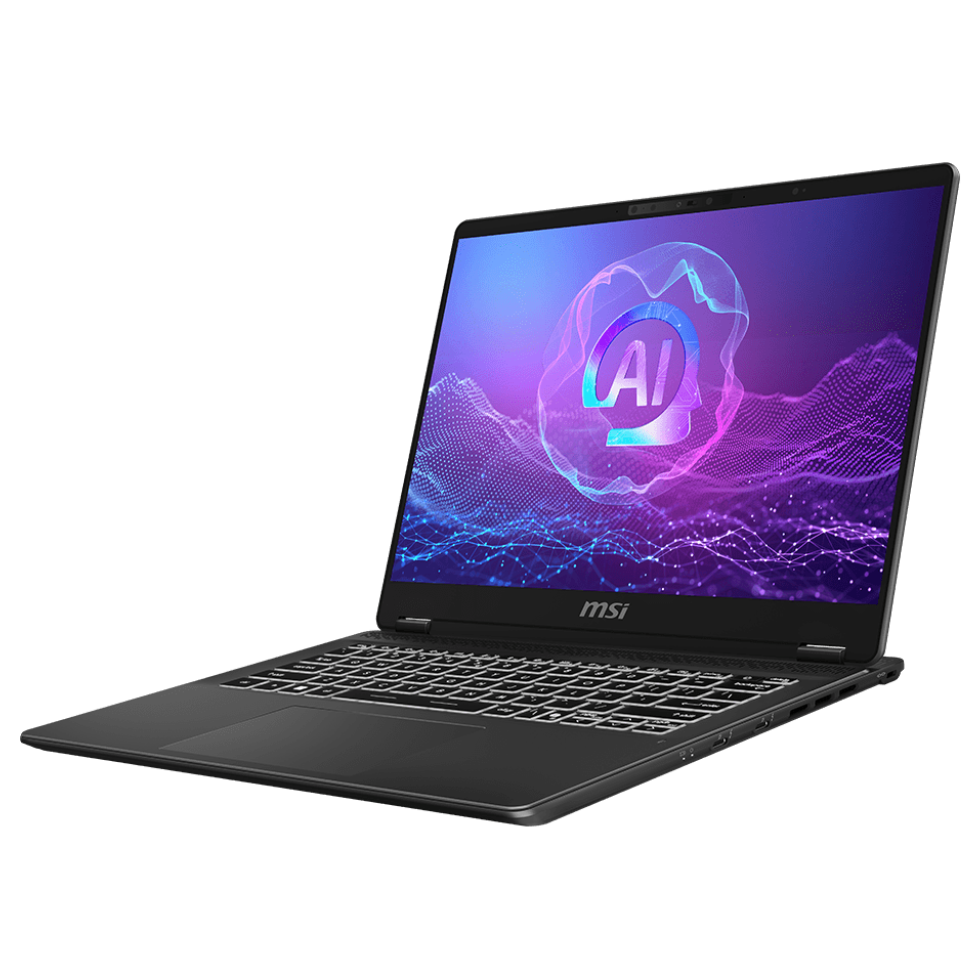 A large main feature product image of MSI Prestige 14 AI+ EVO (C2V) - 14" 120Hz OLED, Ultra 7 258V, 32GB/2TB - Win 11 Notebook