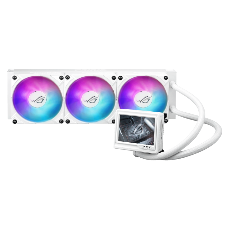 A large main feature product image of ASUS ROG Ryujin III 360 ARGB Extreme 360mm AIO Liquid CPU Cooler - White