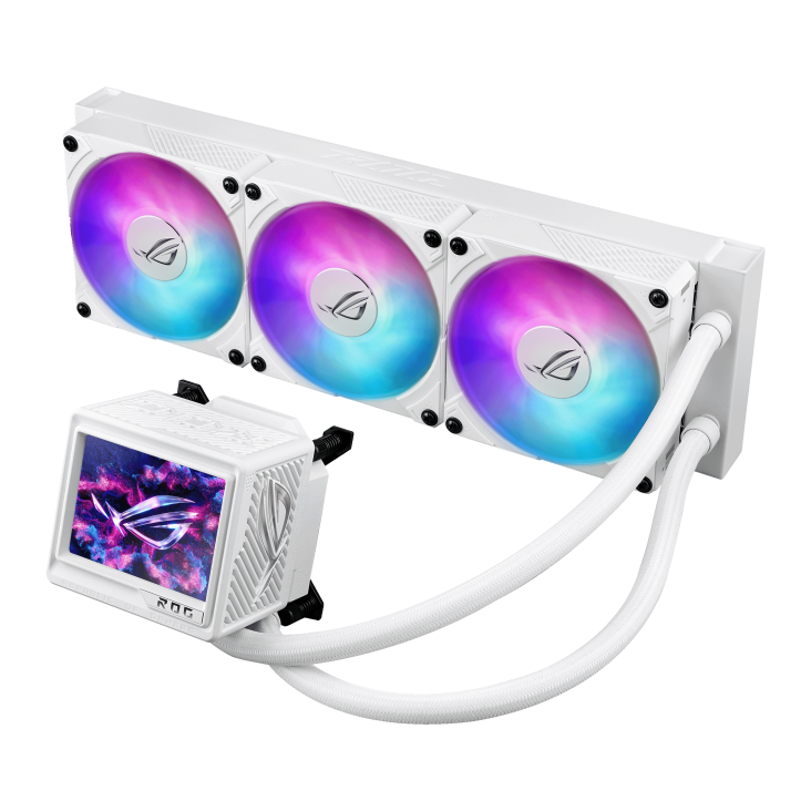 A large main feature product image of ASUS ROG Ryujin III 360 ARGB Extreme 360mm AIO Liquid CPU Cooler - White
