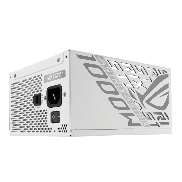 A large main feature product image of ASUS ROG Strix 1000W Platinum PCIe 5.0 ATX Modular PSU - White