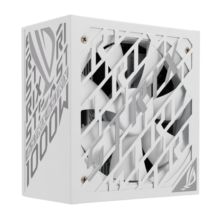 A large main feature product image of ASUS ROG Strix 1000W Platinum PCIe 5.0 ATX Modular PSU - White