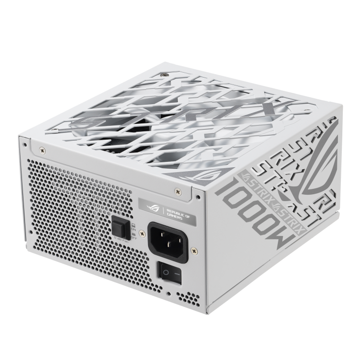 A large main feature product image of ASUS ROG Strix 1000W Platinum PCIe 5.0 ATX Modular PSU - White