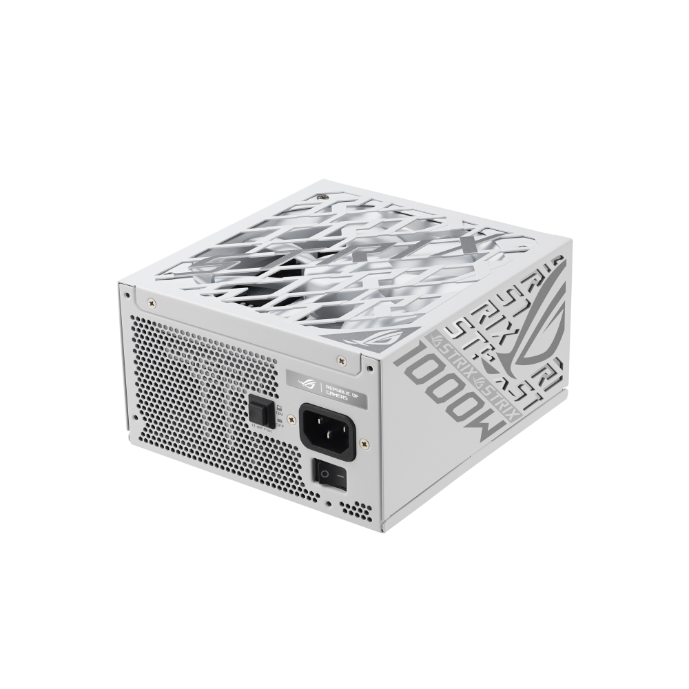 A large main feature product image of ASUS ROG Strix 1000W Platinum PCIe 5.0 ATX Modular PSU - White