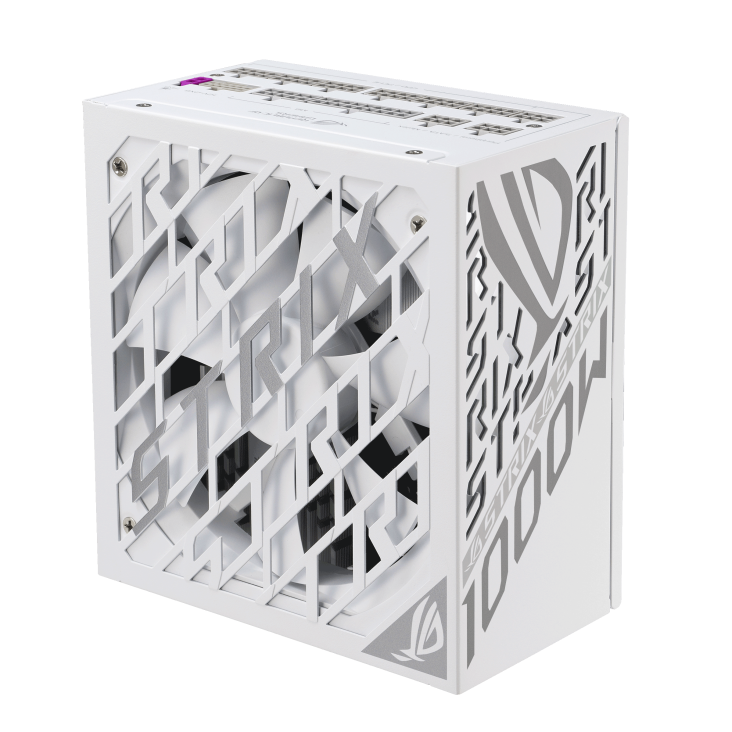 A large main feature product image of ASUS ROG Strix 1000W Platinum PCIe 5.0 ATX Modular PSU - White