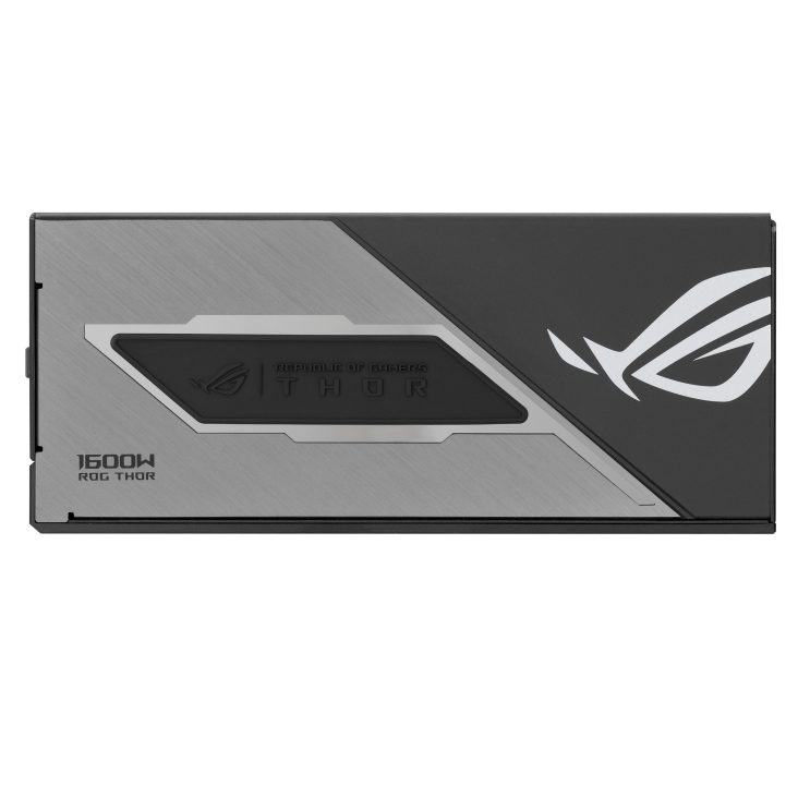A large main feature product image of ASUS ROG THOR 1600W Titanium III PCIe 5.0 Modular PSU w/ Magnetic OLED Display