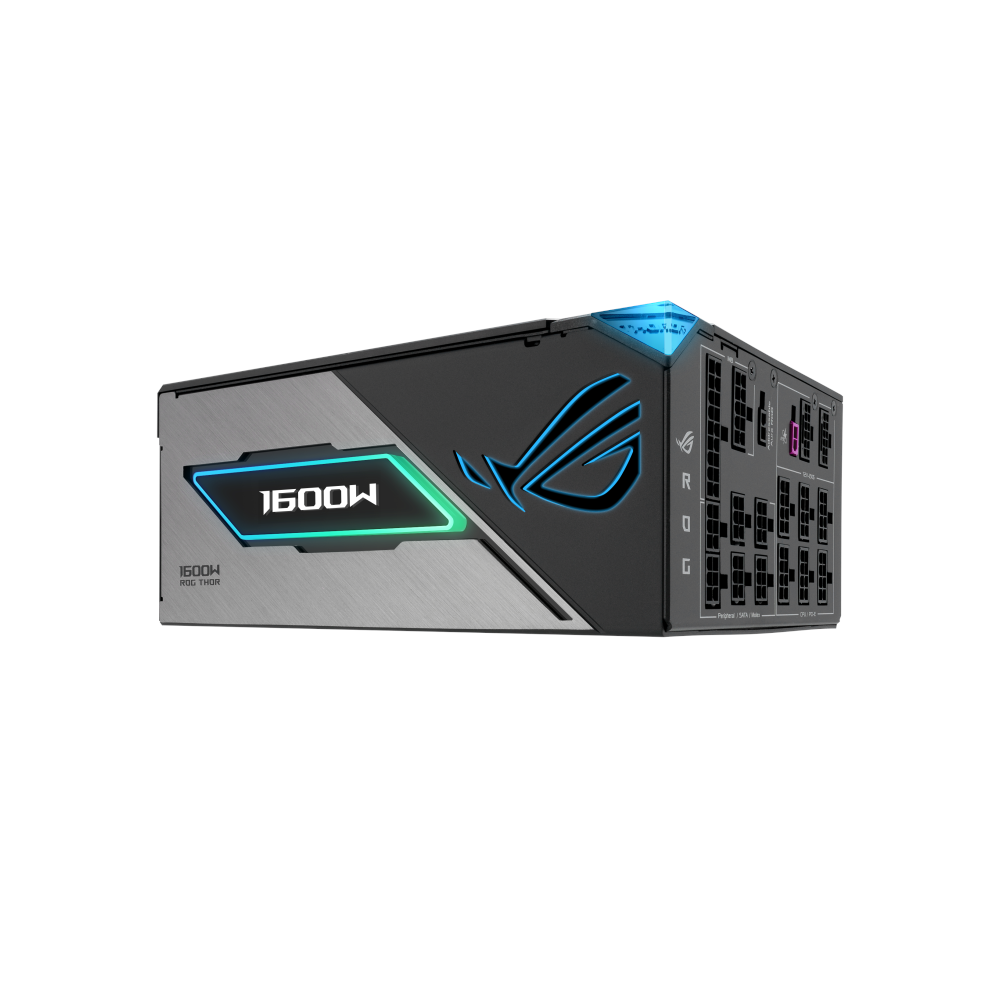 A large main feature product image of ASUS ROG THOR 1600W Titanium III PCIe 5.0 Modular PSU w/ Magnetic OLED Display