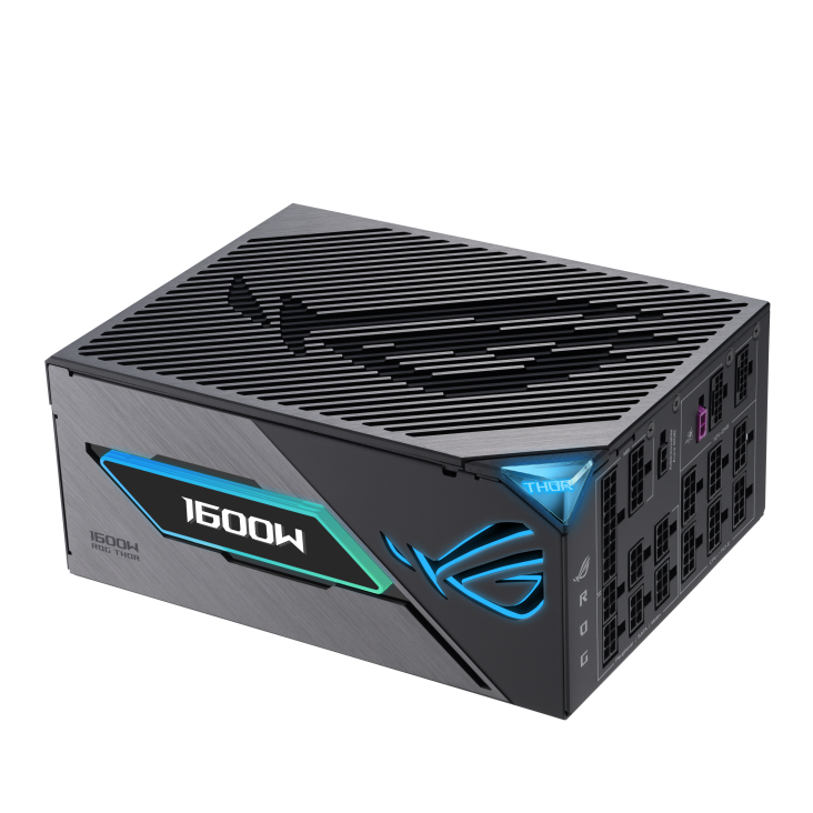 A large main feature product image of ASUS ROG THOR 1600W Titanium III PCIe 5.0 Modular PSU w/ Magnetic OLED Display