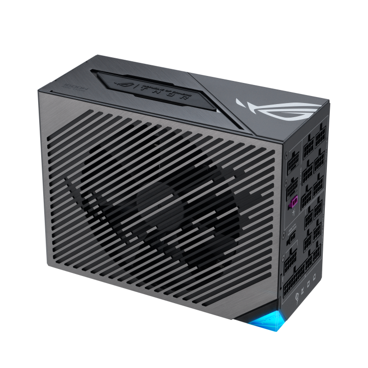 A large main feature product image of ASUS ROG THOR 1600W Titanium III PCIe 5.0 Modular PSU w/ Magnetic OLED Display
