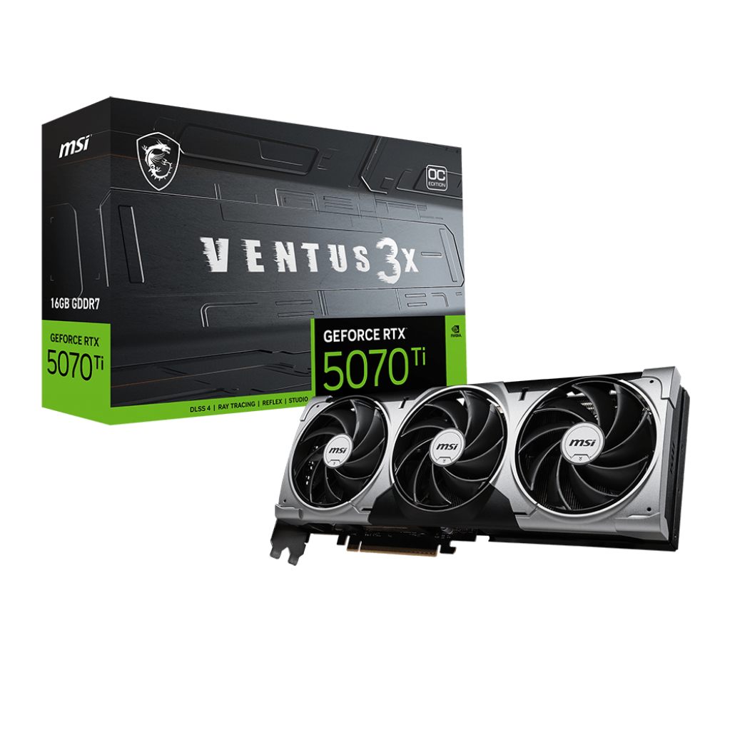A large main feature product image of MSI GeForce RTX 5070 Ti Ventus 3X OC 16GB GDDR7