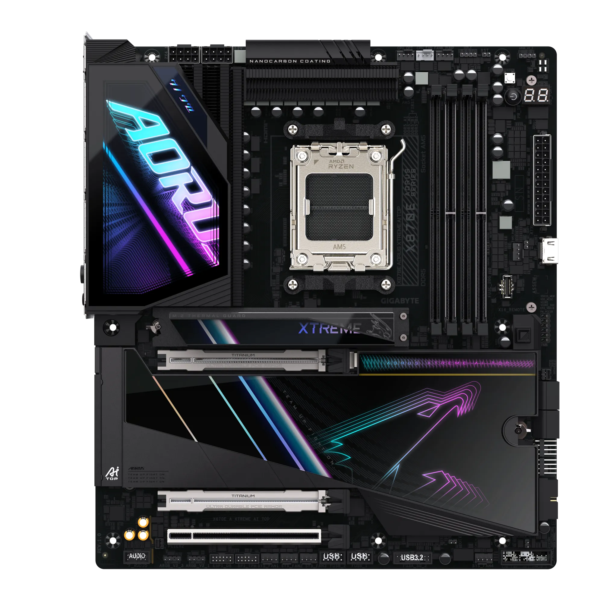 A large main feature product image of Gigabyte X870E AORUS XTREME AI TOP AM5 eATX Desktop Motherboard