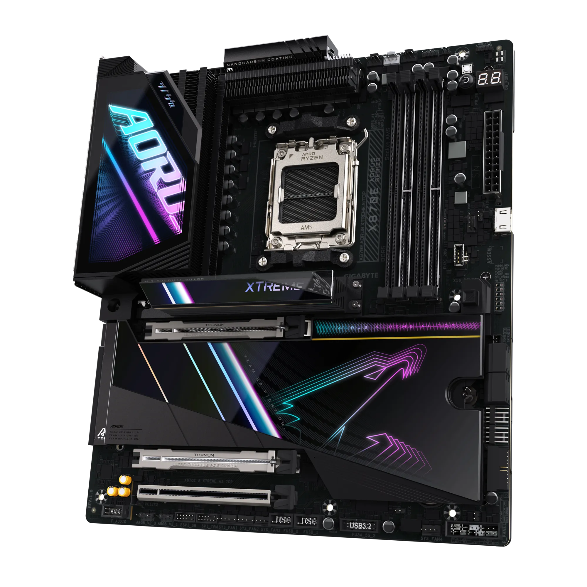 A large main feature product image of Gigabyte X870E AORUS XTREME AI TOP AM5 eATX Desktop Motherboard