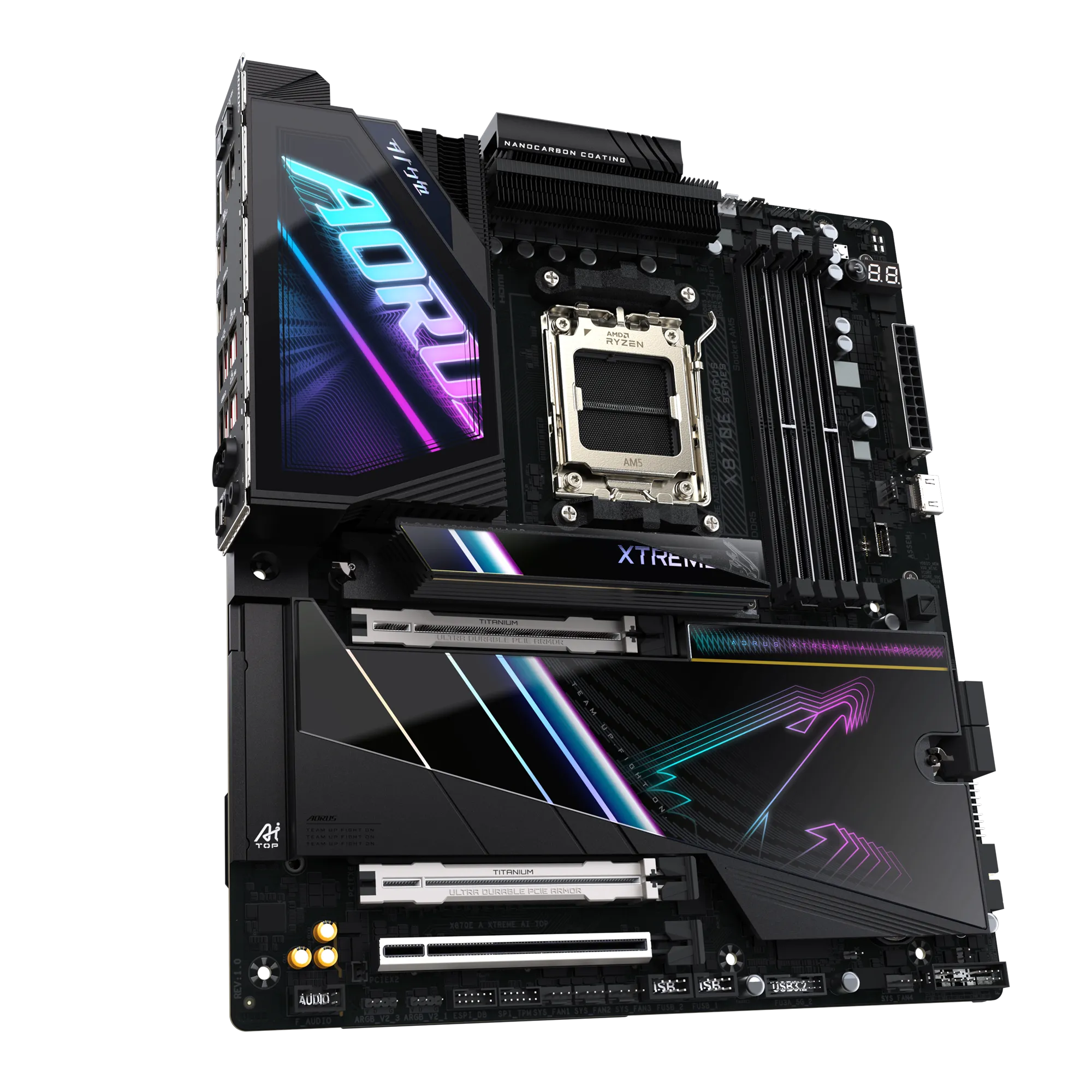 A large main feature product image of Gigabyte X870E AORUS XTREME AI TOP AM5 eATX Desktop Motherboard