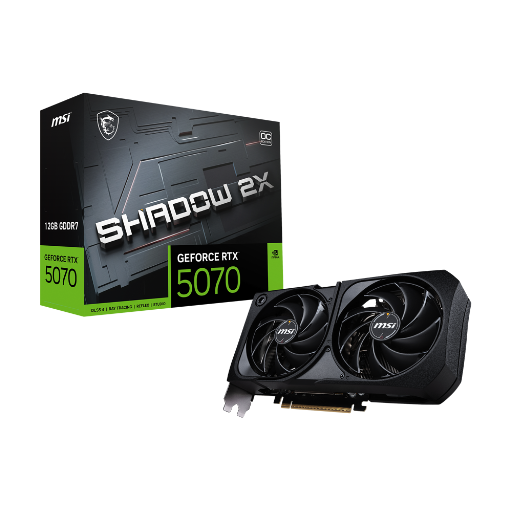 A large main feature product image of MSI GeForce RTX 5070 Shadow 2X OC 12GB GDDR7