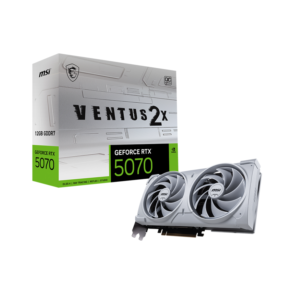 A large main feature product image of MSI GeForce RTX 5070 Ventus 2X OC 12GB GDDR7 - White
