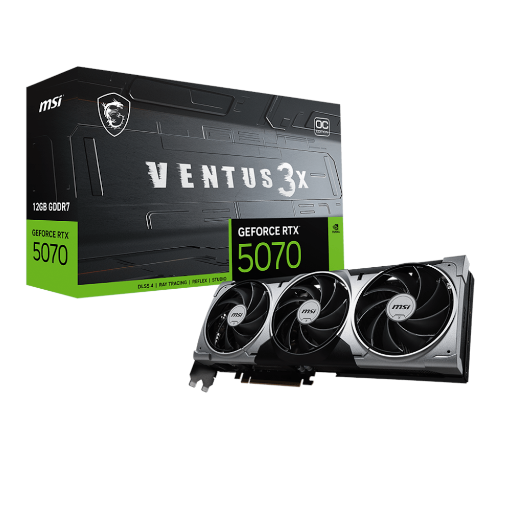 A large main feature product image of MSI GeForce RTX 5070 Ventus 3X OC 12GB GDDR7