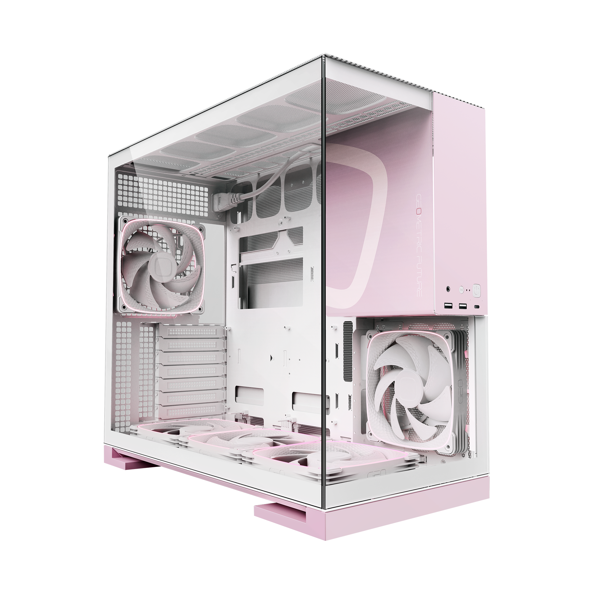 A large main feature product image of Geometric Future Model 5 w/ Fans - Mid Tower Glass Case (White/Pink)