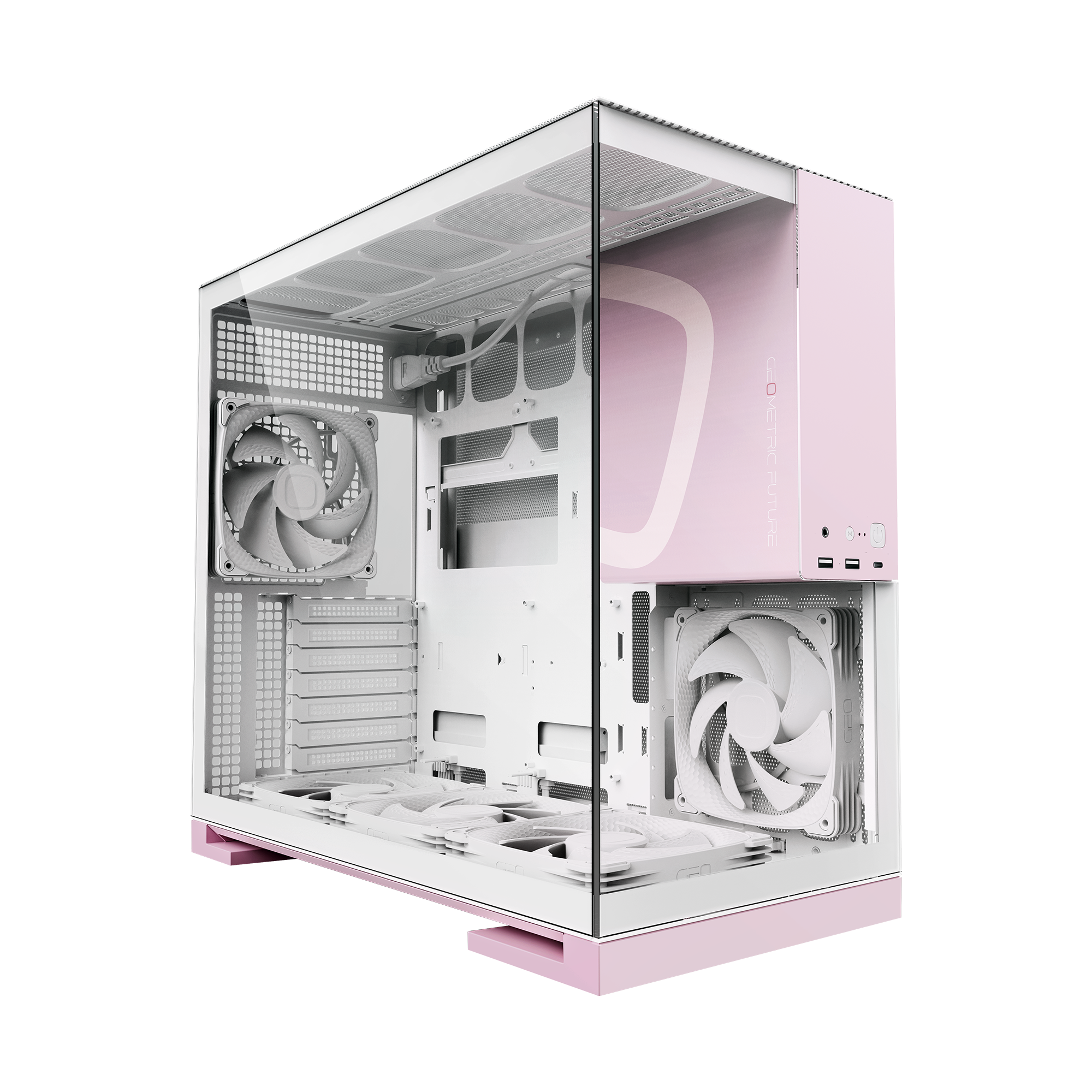 A large main feature product image of Geometric Future Model 5 w/ Fans - Mid Tower Glass Case (White/Pink)