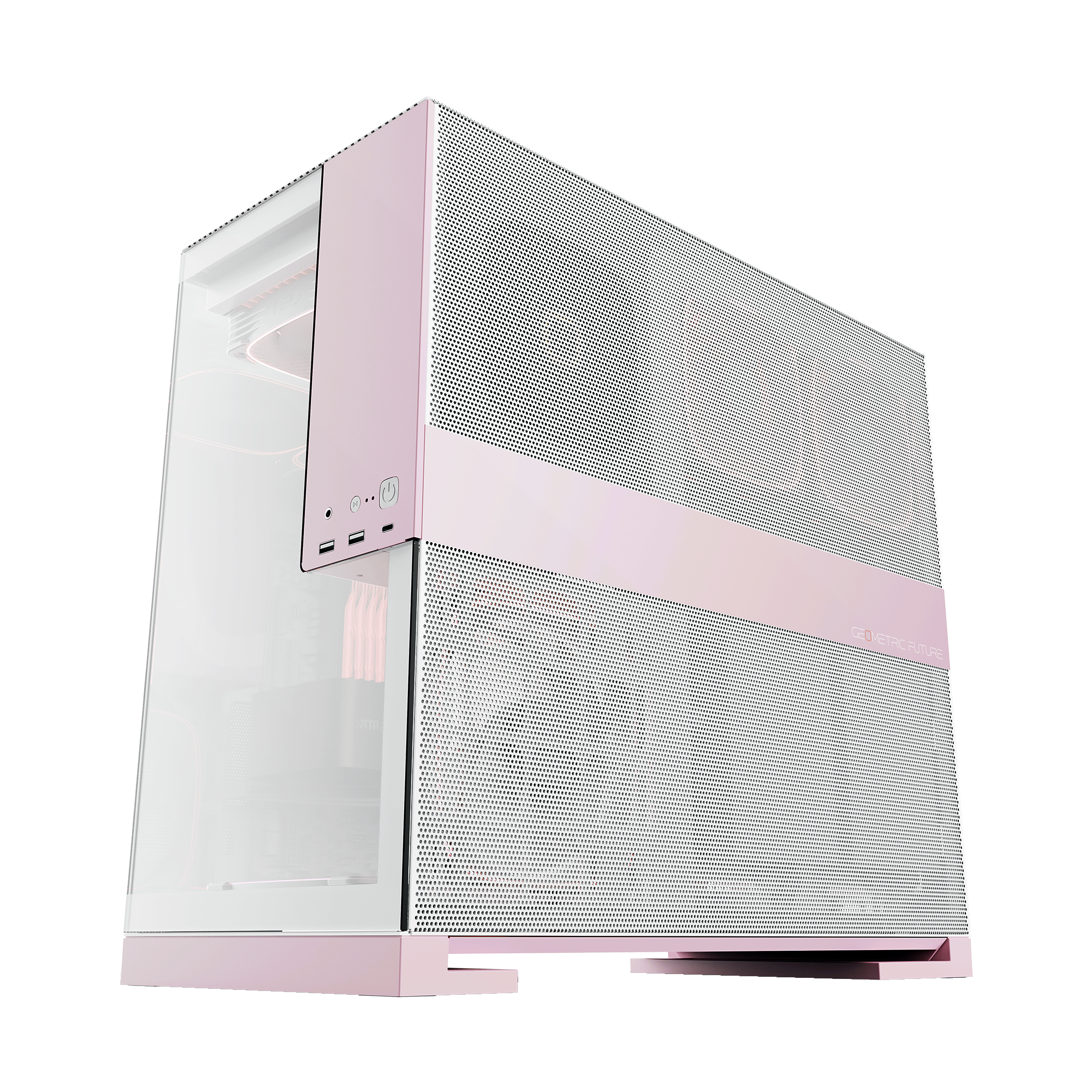 A large main feature product image of Geometric Future Model 5 w/ Fans - Mid Tower Glass Case (White/Pink)