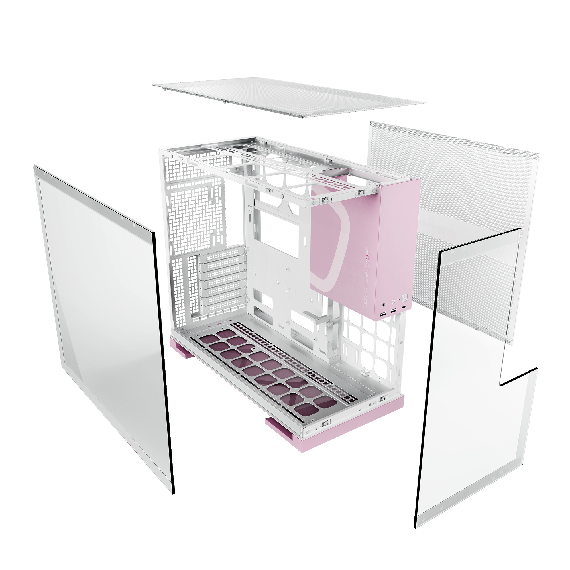 A large main feature product image of Geometric Future Model 5 w/ Fans - Mid Tower Glass Case (White/Pink)
