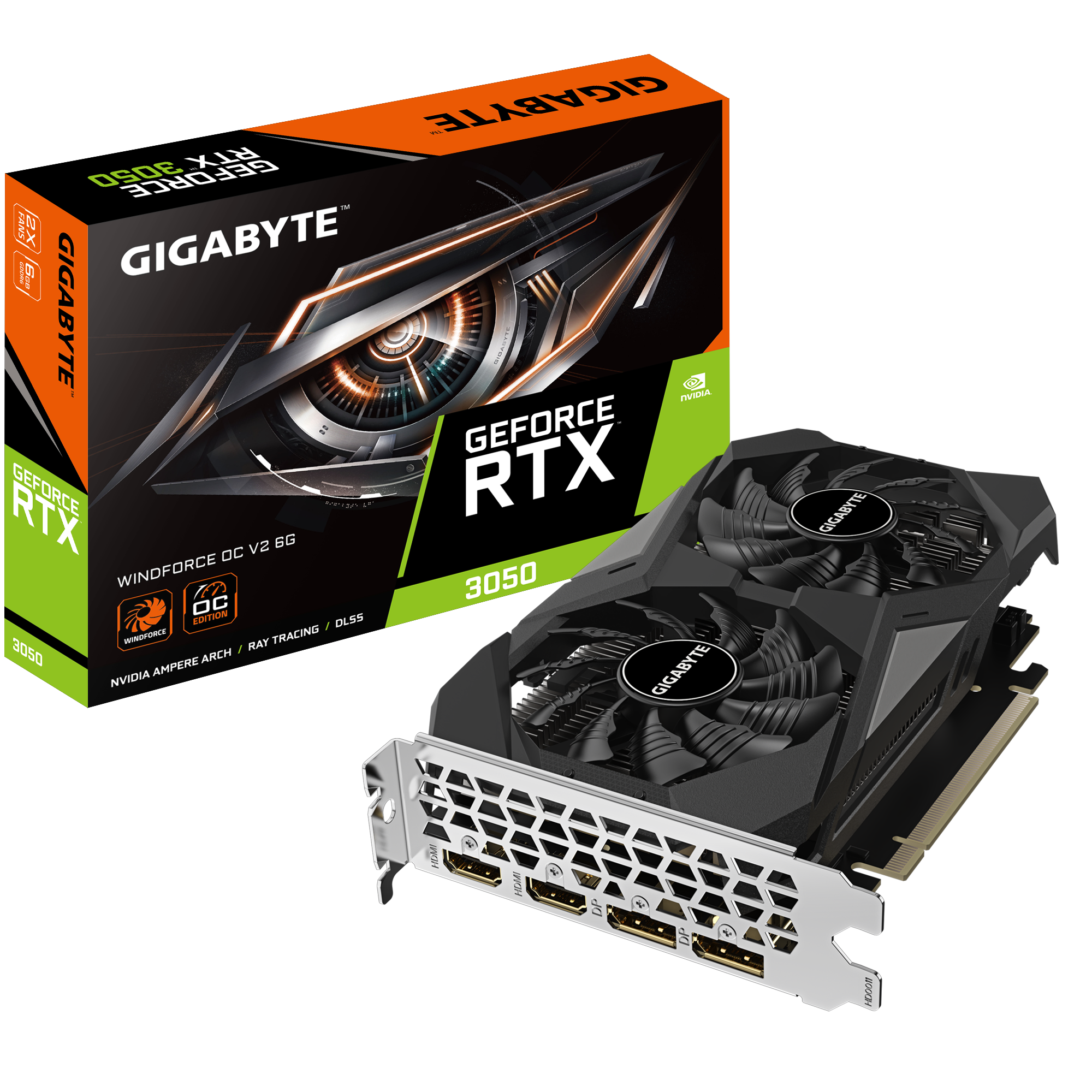 A large main feature product image of Gigabyte GeForce RTX 3050 Windforce OC V2 6GB GDDR6